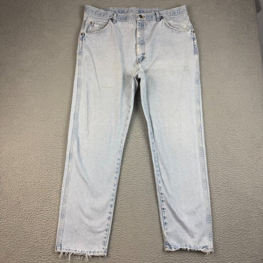 Wrangler Jeans Mens 38x30 Light Blue High Rise Distressed Thrashed Vintage 90s